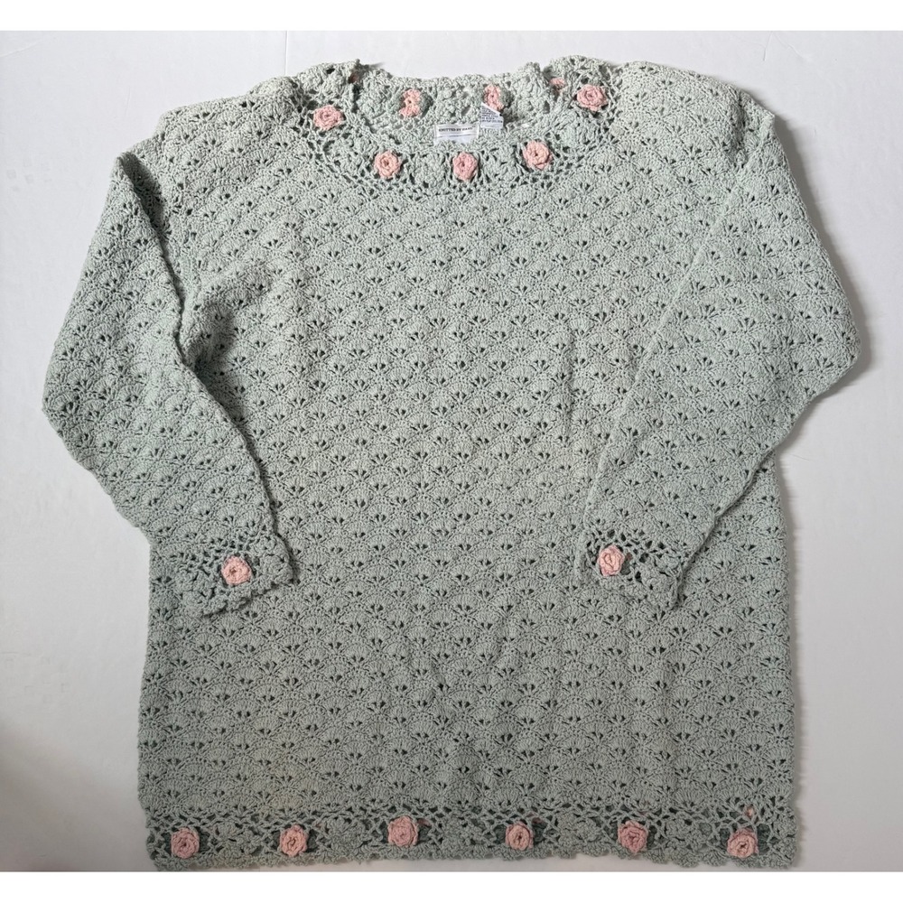 Denim Republic Hand Knitted Crochet Sweater Sage Green Pink Grannycore